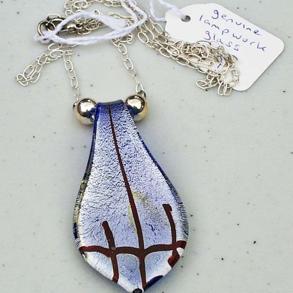 GLASS METALLIC FOIL SPOON PENDANT NECKLACE, 22 INCHES, HAND BLOWN GLASS WITH